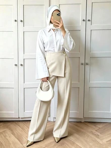 Celisse Women's Elegant Asymmetrical Button Decor Solid Color Suit Pants Summer Easter Festivals Parties Business Office Casual Beige - Apricot - View 6