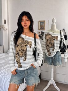 Lalippa Women's Animal Print Striped Long Sleeve Asymmetrical Shoulder Top - Multicolor - View 1
