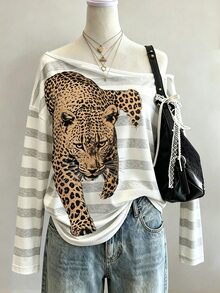Lalippa Women's Animal Print Striped Long Sleeve Asymmetrical Shoulder Top - Multicolor - View 3