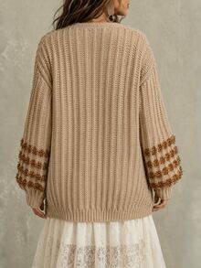 LUMIGAL Cardigan Rajut Kasual Lengan Panjang Bergaris dengan Bahu Longgar dan Kantong untuk Wanita - Unta - View 2