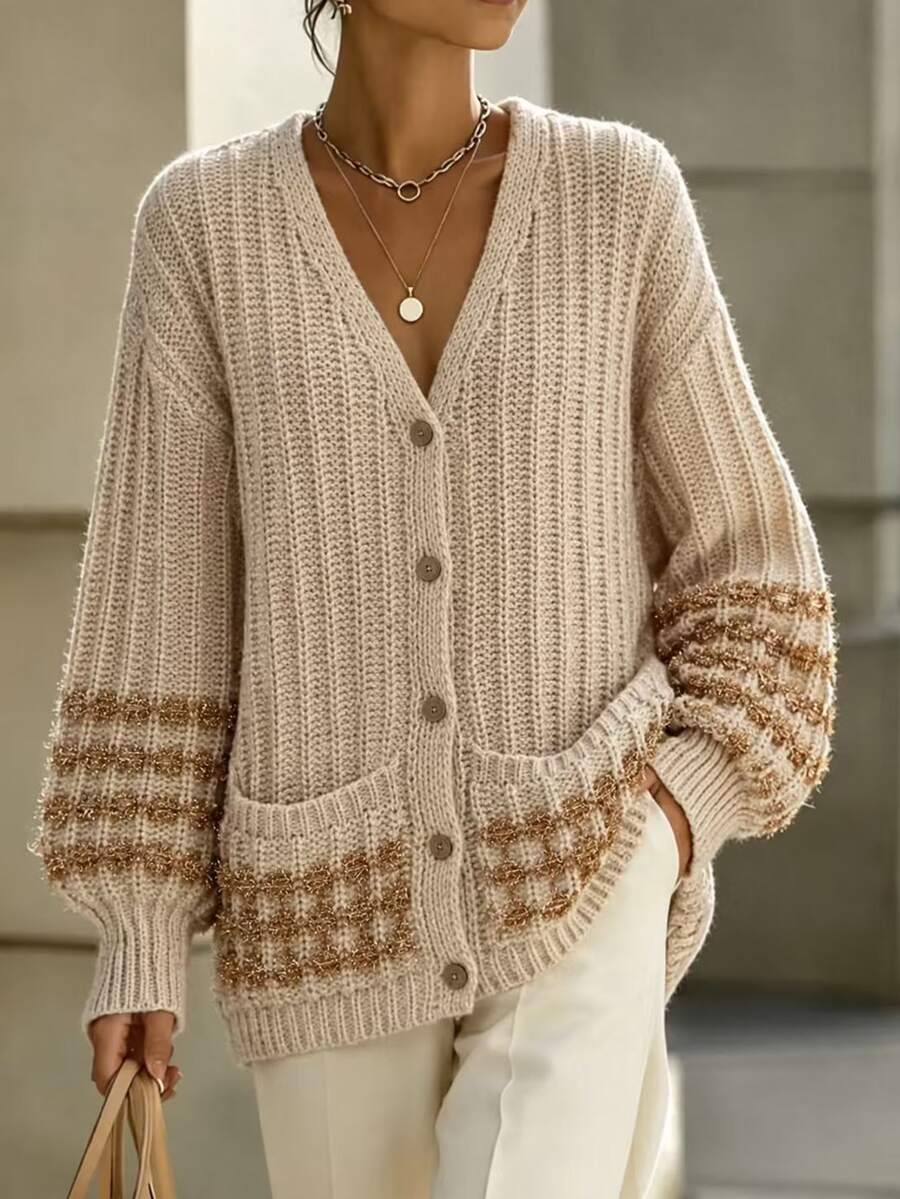 LUMIGAL Cardigan Rajut Kasual Lengan Panjang Bergaris dengan Bahu Longgar dan Kantong untuk Wanita - Unta - View 1