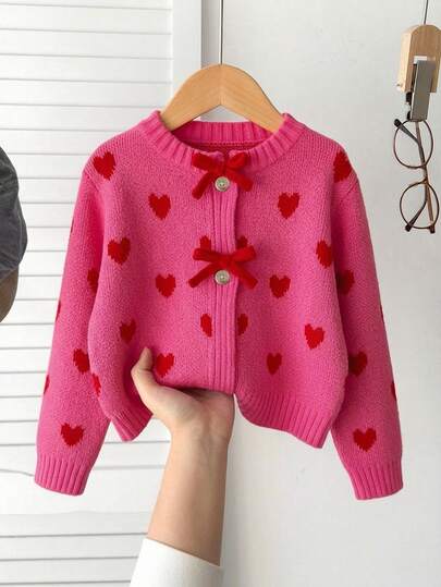 SHEIN Playful Pals Kız Çocuk Sonbahar/Kış Kalın Moda Fiyonklu Sevimli Minimalist Örgü Uzun Kollu Hırka