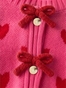 SHEIN Playful Pals 女童秋冬加厚時尚蝴蝶結可愛簡約針織長袖開襟毛衣 - 玫紅色 - 查看 6