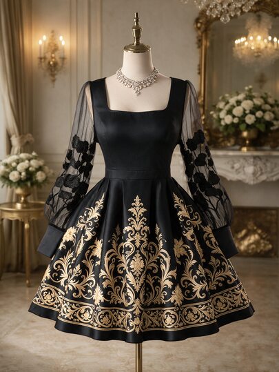Rometta Plus Size Women's Satin Structured Fabric Vintage Square Neck Sheer Mesh 3D Black Rose Long Sleeve Gold European Court Pattern A-Line Pleated Full Skirt Short Dress Suitable For Wedding Guest, Bridesmaid Afternoon Tea, Banquet Host, Elegant Gathering, Small Party