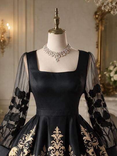 Rometta Plus Size Women's Satin Structured Fabric Vintage Square Neck Sheer Mesh 3D Black Rose Long Sleeve Gold European Court Pattern A-Line Pleated Full Skirt Short Dress Suitable For Wedding Guest, Bridesmaid Afternoon Tea, Banquet Host, Elegant Gathering, Small Party