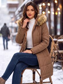 SHEIN Clasi 女款純色長袖前開拉鍊保暖內裡連帽冬季外套 - 咖啡棕 - 查看 6