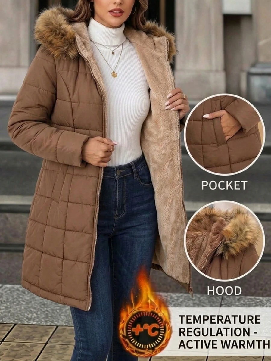 SHEIN Clasi 女款純色長袖前開拉鍊保暖內裡連帽冬季外套