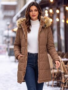 SHEIN Clasi 女款純色長袖前開拉鍊保暖內裡連帽冬季外套 - 咖啡棕 - 查看 5