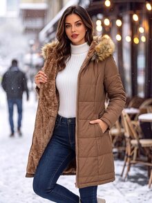 SHEIN Clasi 女款純色長袖前開拉鍊保暖內裡連帽冬季外套 - 咖啡棕 - 查看 3