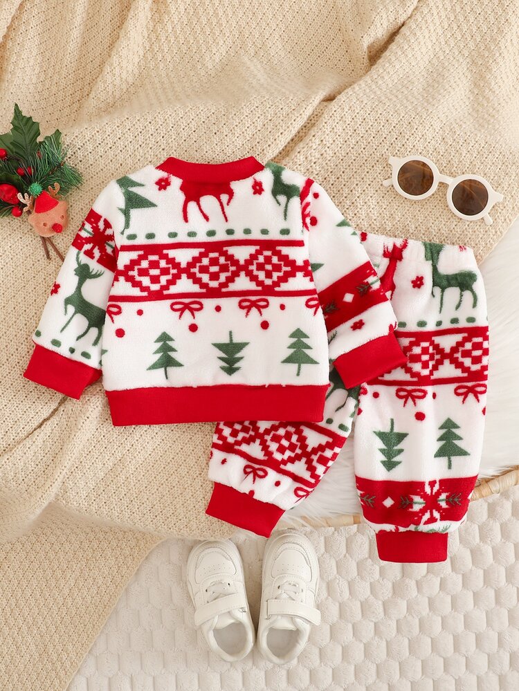SHEIN 2pcs Baby Girls Sweatshirt + Pants Cute Red White Xmas Reindeer Pine Tree Print Fuzzy Long Sleeve Thick Party Winter Holiday Jumpers Sets - Red and White - View 4