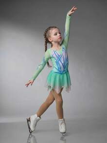女童長袖幼兒服飾，時尚優雅運動風閃亮水鑽競賽套裝，訓練服，修身網布，秋季 - 彩色 - 查看 4