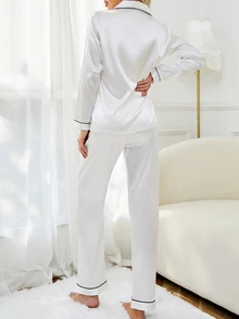 LuxeNights Conjunto de pijama de satén con ribete de contraste, ropa de otoño e invierno - Blanco - Ver 2