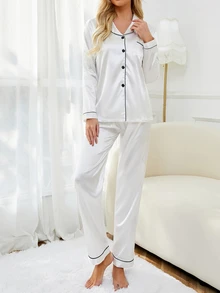 LuxeNights Conjunto de pijama de satén con ribete de contraste, ropa de otoño e invierno - Blanco - Ver 4