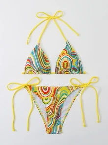 SHEIN Swim Summer Beach Fluid Pattern Bikini Set Halter Micro Triangle Bra Top & Tie Side Bikini Bottom 2 Piece Bathing Suit - Yellow - View 3
