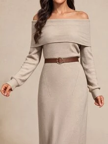 Amorya Women's Solid Color Cold Shoulder Casual Elegant Party Brunch Office Work Everyday Knit Dress Autumn Winter Beige - Khaki - View 8