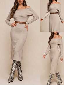 Amorya Women's Solid Color Cold Shoulder Casual Elegant Party Brunch Office Work Everyday Knit Dress Autumn Winter Beige - Khaki - View 2