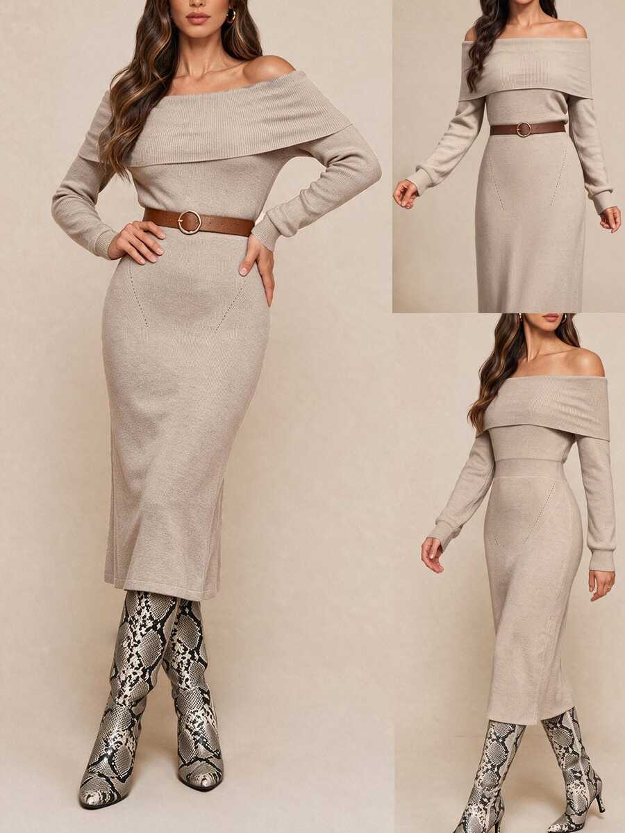 Amorya Women's Solid Color Cold Shoulder Casual Elegant Party Brunch Office Work Everyday Knit Dress Autumn Winter Beige