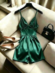 Franclia Romper Camisole Pengencang Pinggang Satin Champagne Mewah Prancis - Dark Green - View 2