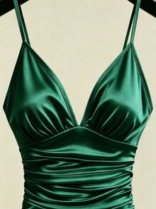 Franclia Romper Camisole Pengencang Pinggang Satin Champagne Mewah Prancis - Dark Green - View 3