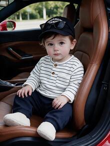 SHEIN Playful Pals 2件組嬰兒男童幼兒亨利領上衣長褲套裝 學院風 白色海軍藍條紋華夫格口袋 長袖圓領 戶外派對秋季假期穿搭 - 寶藍色 - 查看 1