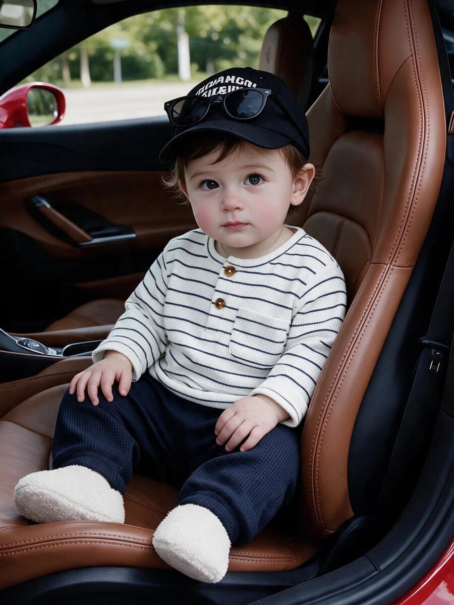 SHEIN Playful Pals 2件組嬰兒男童幼兒亨利領上衣長褲套裝 學院風 白色海軍藍條紋華夫格口袋 長袖圓領 戶外派對秋季假期穿搭 - 寶藍色 - 查看 1