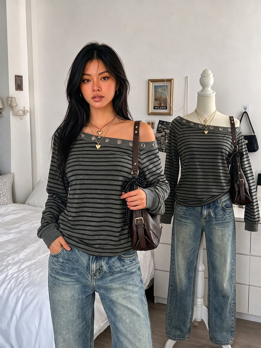 Lalippa Women's Asymmetrical Shoulder Striped Casual Everyday Top - Multicolor - View 1