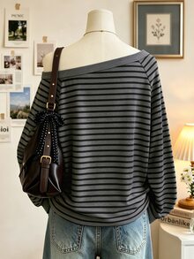 Lalippa Women's Asymmetrical Shoulder Striped Casual Everyday Top - Multicolor - View 2