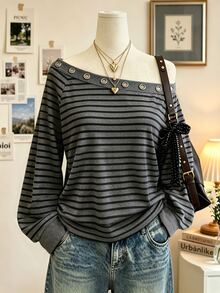 Lalippa Women's Asymmetrical Shoulder Striped Casual Everyday Top - Multicolor - View 3