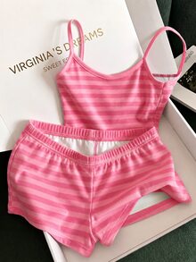 SHEIN Franclia Autumn/Winter Casual Striped Cropped Long Sleeve Top & Camisole Shorts Set - Hot Pink - View 3