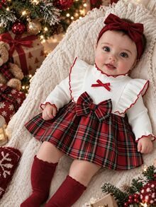 SHEIN Girls (Small) Knitted Ribbed White Ruffle Trim Large Lace Patchwork Waist-Cinching Red Plaid Dress, Sweet Cute Casual Spring Dress For Kids - Red - View 1