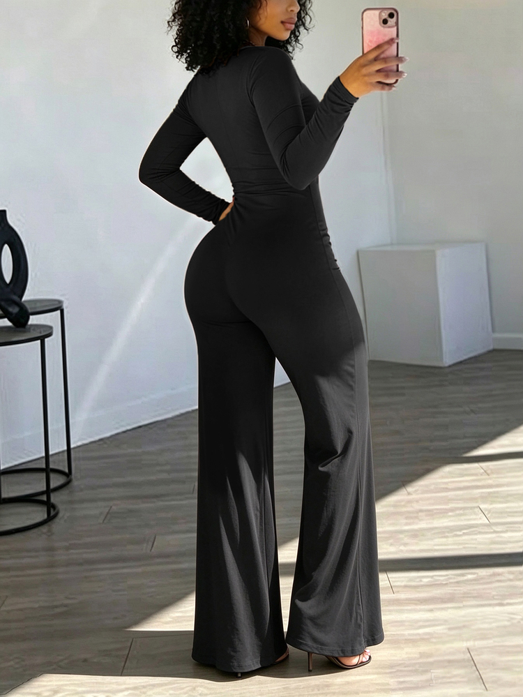 INAWLY Solva Women's Solid Color Hollow Out Casual Daily Wear Jumpsuit - Black - View 3