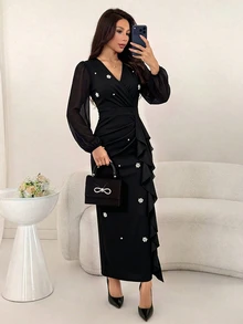 Modelyn Women's Black Slim Fit Wrap Dress With Pleated Beaded Decor, Elegant Mid-Length Dress For Party And Date - Black - View 5