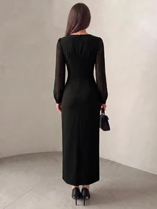 Modelyn Women's Black Slim Fit Wrap Dress With Pleated Beaded Decor, Elegant Mid-Length Dress For Party And Date - Black - View 2
