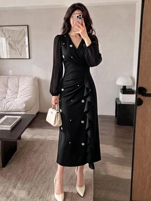 Modelyn Women's Black Slim Fit Wrap Dress With Pleated Beaded Decor, Elegant Mid-Length Dress For Party And Date - Black - View 7