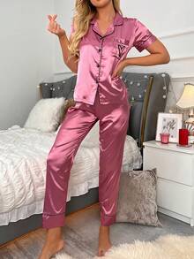 LuxeNights Heart Embroidery Piping Trim Satin Pajama Set - Red Violet - View 3