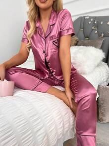 LuxeNights Heart Embroidery Piping Trim Satin Pajama Set - Red Violet - View 7