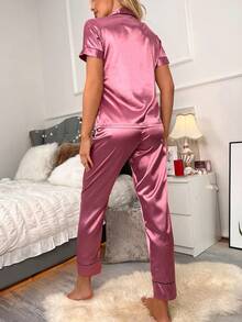 LuxeNights Heart Embroidery Piping Trim Satin Pajama Set - Red Violet - View 2