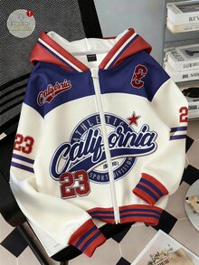 SHEIN Elladie kids Tween Girl Jacket Fall, Collegiate Style Digital Lettering, Pull Print, American Campus Vibe, City-Walk, Streetwear Atmosphere Autumn Winter - Multicolor - View 4