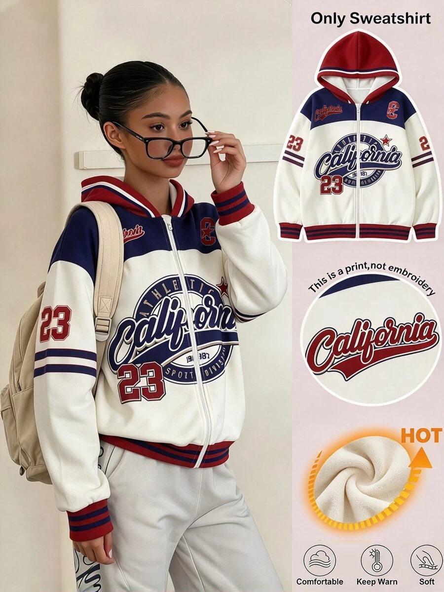 SHEIN Elladie kids Tween Girl Jacket Fall, Collegiate Style Digital Lettering, Pull Print, American Campus Vibe, City-Walk, Streetwear Atmosphere Autumn Winter