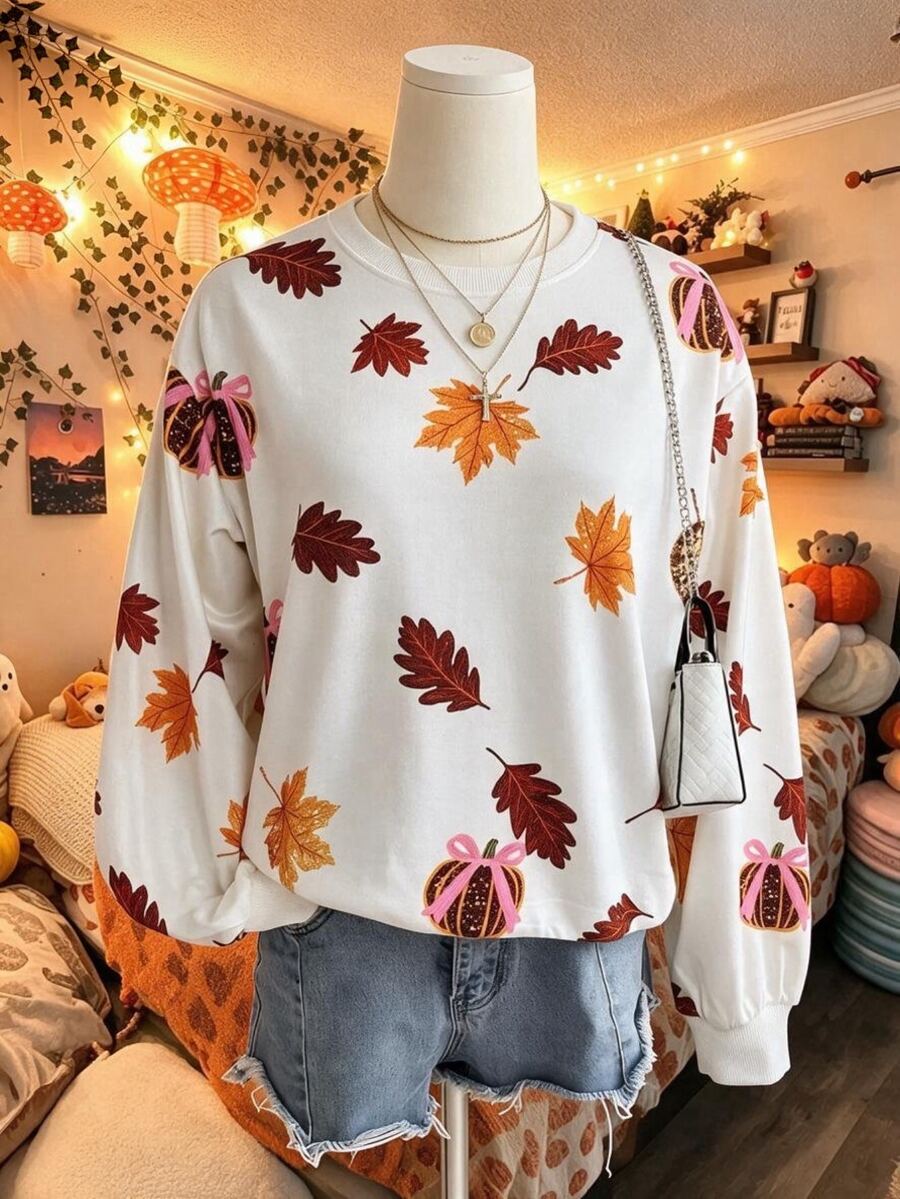 INAWLY Leaf Print Drop Shoulder Sweatshirt Thanksgiving Day Time Holiday White Autumn Casual Cute - White - View 1