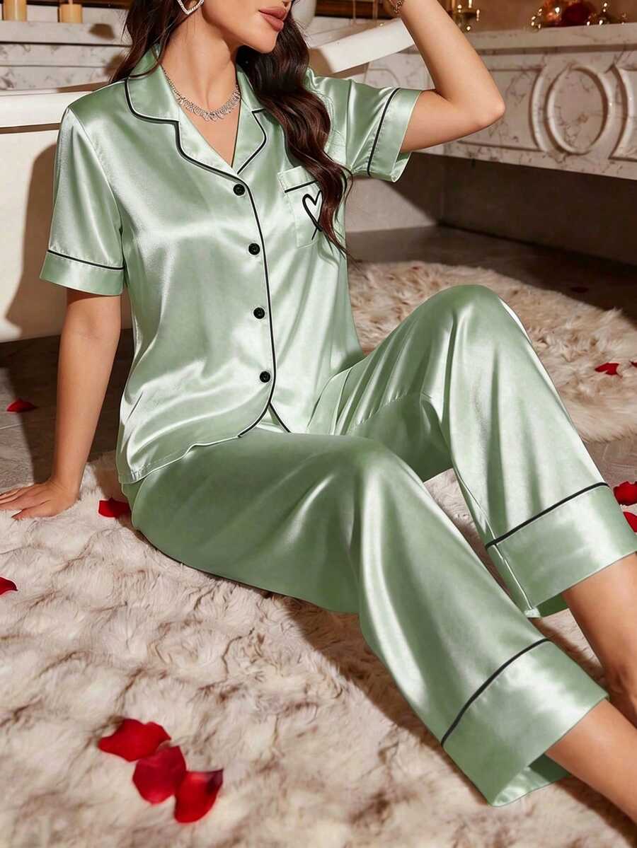 LuxeNights Two-Pieces Set Of Short-Sleeved Top And Long Pants Pajamas With Silk-Like Texture And Embroidered Hearts - Mint Green - View 1