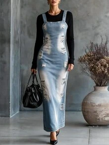 SHEIN Franclia Đầm dài ôm sát nữ dây đeo vai, dây áo spaghetti, họa tiết in phong cách đường phố vintage casual mùa thu, hiệu ứng giặt wash rách sờn, kẻ sọc xanh trắng, phong cách hẹn hò - Màu xanh lam - Xem 8
