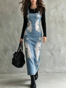SHEIN Franclia Đầm dài ôm sát nữ dây đeo vai, dây áo spaghetti, họa tiết in phong cách đường phố vintage casual mùa thu, hiệu ứng giặt wash rách sờn, kẻ sọc xanh trắng, phong cách hẹn hò - Màu xanh lam - Xem 2