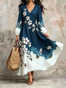 Resyla V-Neck Lantern Sleeve Cinched Waist Long Dress For Women - Multicolor - View 1