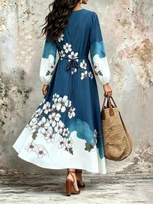 Resyla V-Neck Lantern Sleeve Cinched Waist Long Dress For Women - Multicolor - View 2