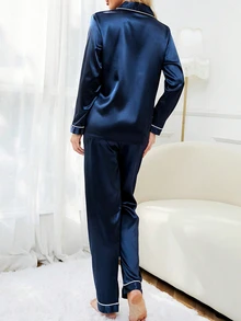 LuxeNights Conjunto de pijama de satén con ribete de contraste, ropa de otoño e invierno - Azul Marino - Ver 2