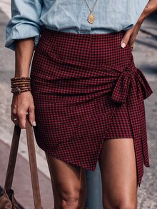 SHEIN Clasi Women's Autumn/Winter Houndstooth Print Tie-Up Layered Skirt-Shorts - Burgundy - View 3