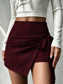 SHEIN Clasi Women's Autumn/Winter Houndstooth Print Tie-Up Layered Skirt-Shorts - Burgundy - View 1