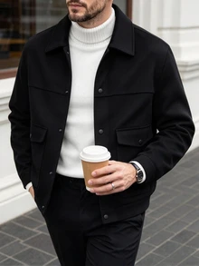 Manfinity CasualCool 男士深灰色羊毛外套，翻領鈕扣設計，標準版型短夾克，秋季休閒街頭時尚風，適合辦公、度假、聖誕節 - 黑色 - 查看 5