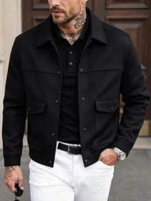 Manfinity CasualCool 男士深灰色羊毛外套，翻領鈕扣設計，標準版型短夾克，秋季休閒街頭時尚風，適合辦公、度假、聖誕節 - 黑色 - 查看 7